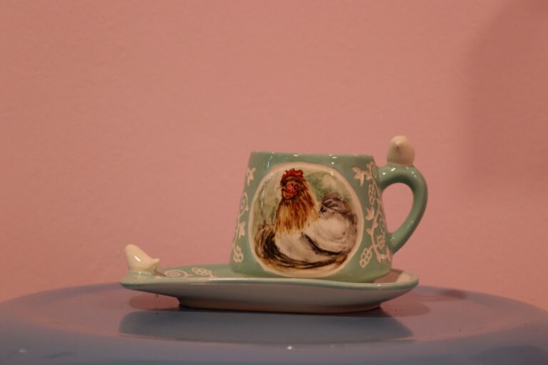 فنجان و زیر فنجانی سرامیکی دست‌ساز با طرح مرغ و رنگ سبز ملایم و تزئینات دستی